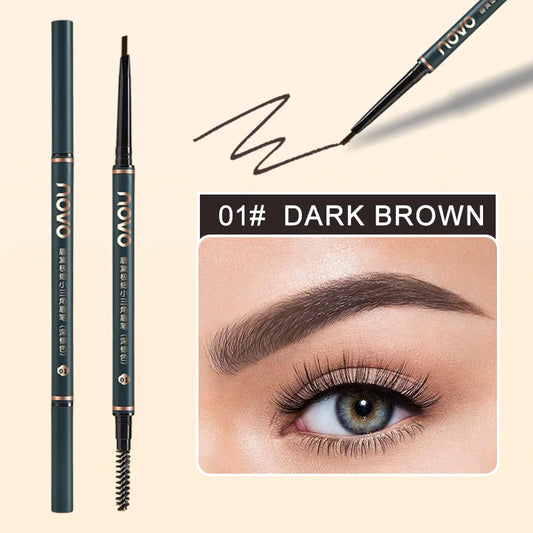 Crayon à sourcils à mine fine rétractable d'un côté et brosse goupillon de l'autre pour un fini naturel.