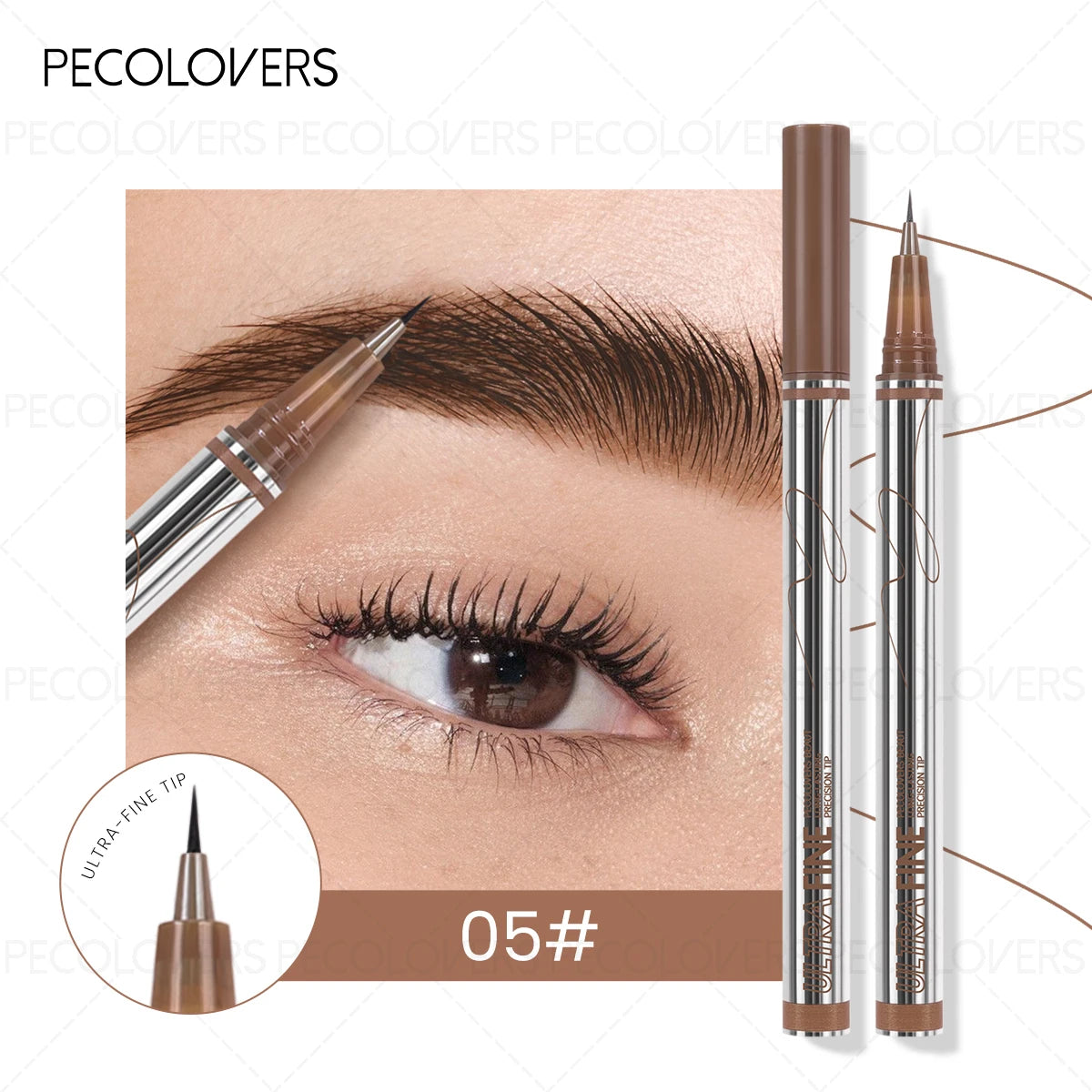 Application du stylo sourcils 4 pointes biseauté créant des traits fins imitant les poils naturels du sourcil.
