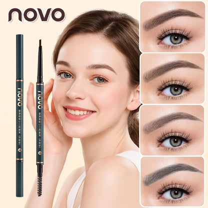 Crayon à sourcils à mine fine rétractable d'un côté et brosse goupillon de l'autre pour un fini naturel.