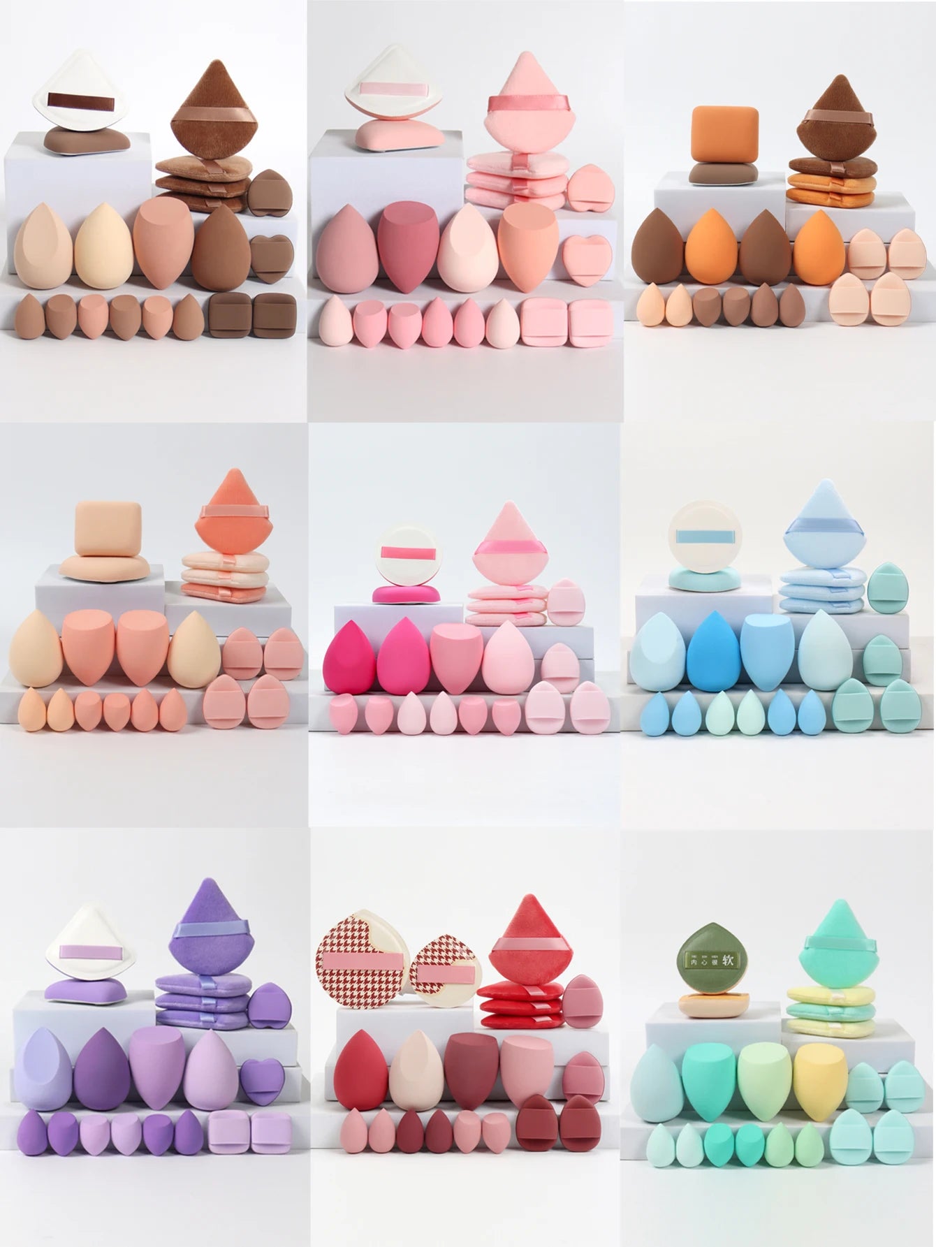 Collection de 20 éponges et houppettes de maquillage roses de différentes formes pour fond de teint et poudre.
