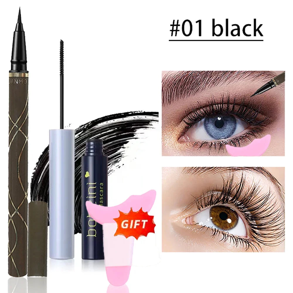 Brosse de mascara ultra-fine montrant l'application de fibres de soie pour allonger et recourber les cils.
