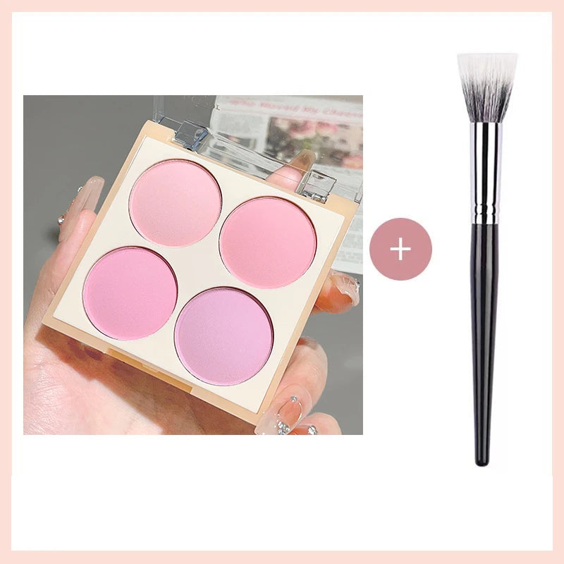 Palette de 4 blushs mats aux tons pêche et corail, fini poudré doux pour un maquillage naturel.

