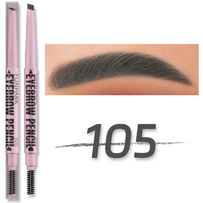 Crayon à sourcils double embout avec mine biseautée et brosse goupillon pour un tracé naturel.
