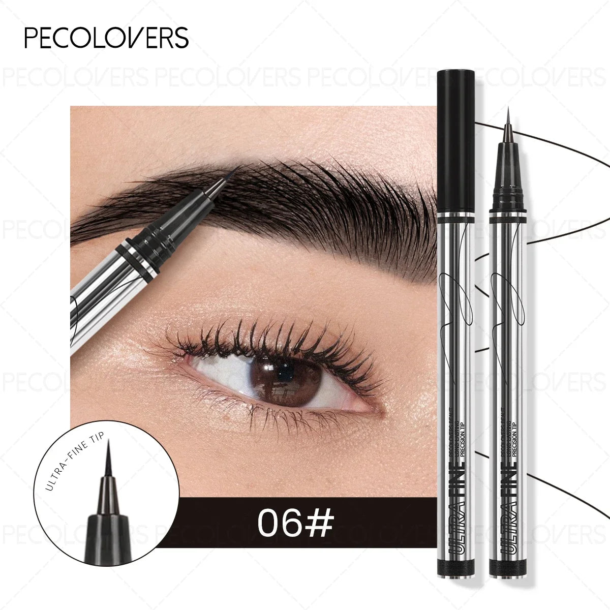 Application du stylo sourcils 4 pointes biseauté créant des traits fins imitant les poils naturels du sourcil.
