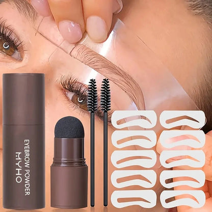Kit complet incluant un tampon applicateur de poudre, des pochoirs de différentes formes et un goupillon pour sourcils.
