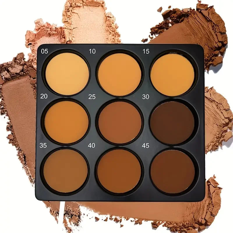 Palette de maquillage 9 teintes allant du beige clair au bronze foncé, textures mates et nacrées pour le contouring du visage.