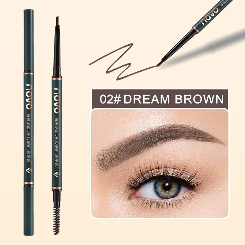 Crayon à sourcils à mine fine rétractable d'un côté et brosse goupillon de l'autre pour un fini naturel.