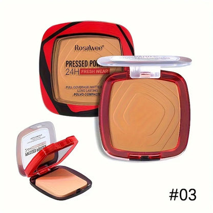 Boîtier de fond de teint poudre mat avec applicateur éponge, texture lisse haute couvrance.
