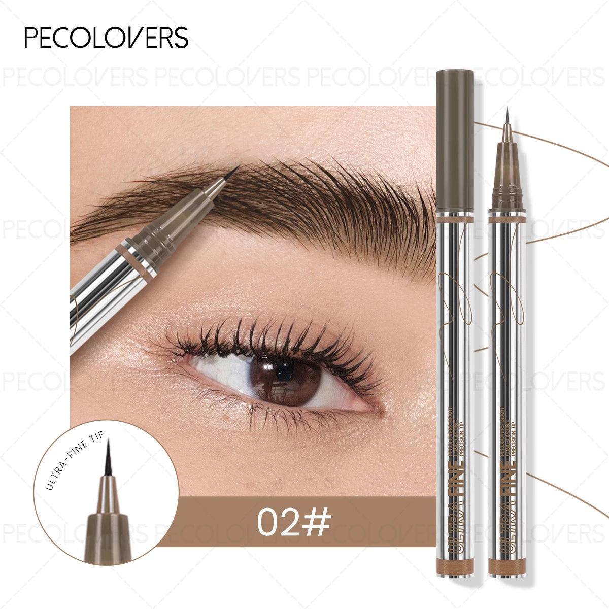 Application du stylo sourcils 4 pointes biseauté créant des traits fins imitant les poils naturels du sourcil.
