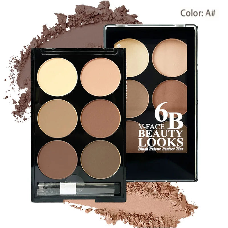 Palette de maquillage 6 poudres (bronzer, contour, illuminateur) avec son pinceau applicateur biseauté.
