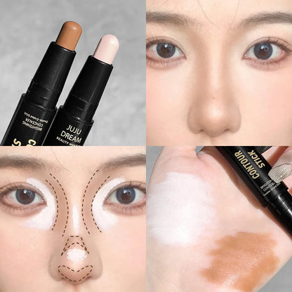 Stick de maquillage double extrémité montrant le côté clair pour l'anti-cernes et le côté foncé pour le contouring.
