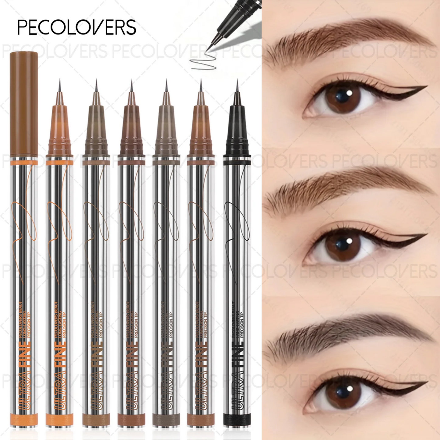 Application du stylo sourcils 4 pointes biseauté créant des traits fins imitant les poils naturels du sourcil.

