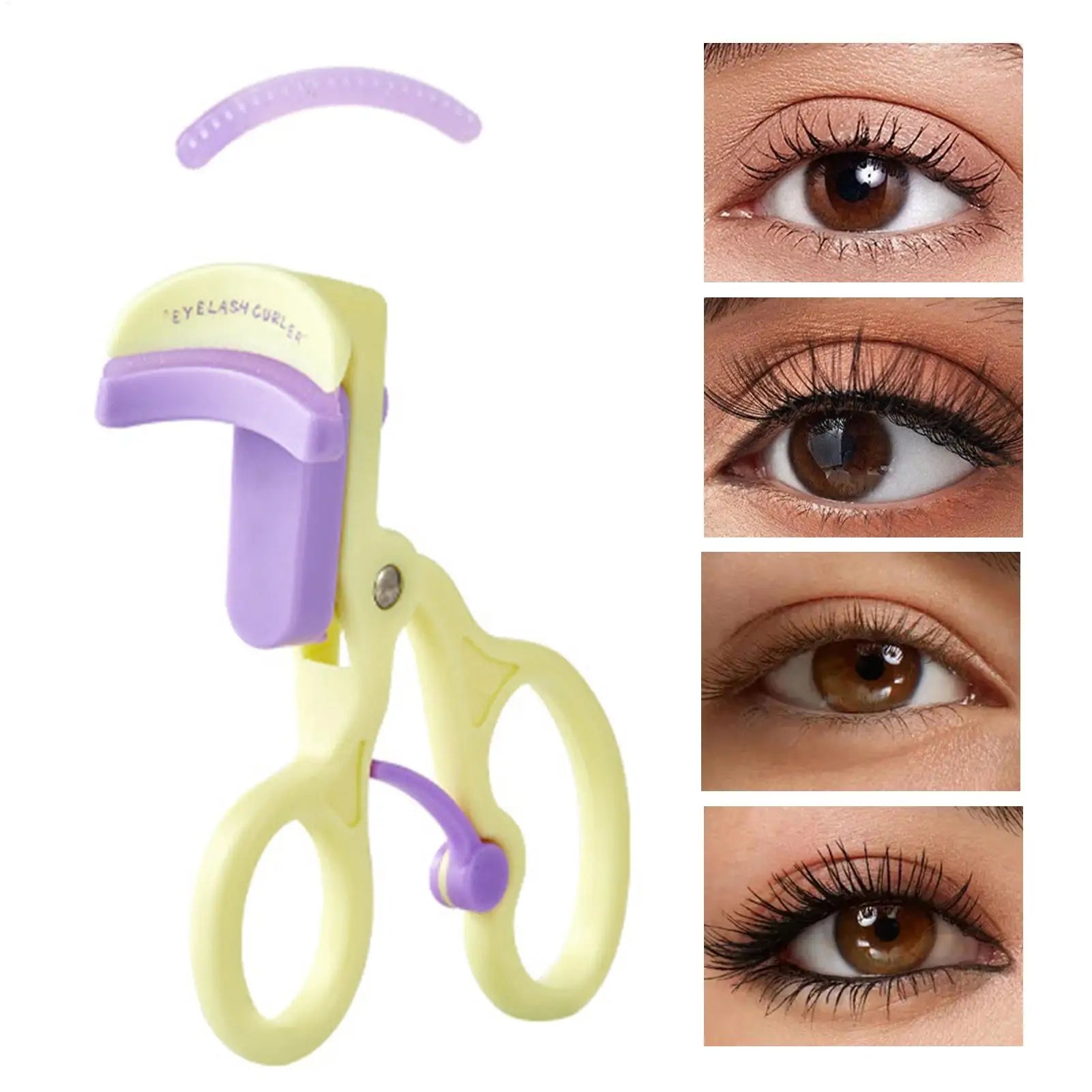 Recourbe-cils compact sans cadre (frameless) noir et or, design ergonomique pour une utilisation sans pincement.
