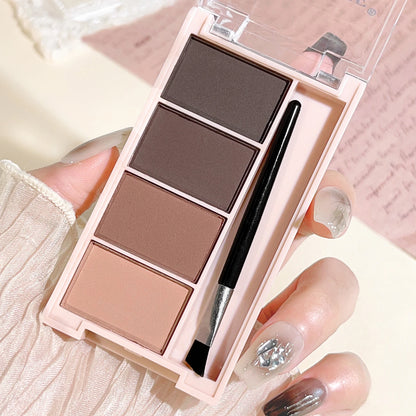 Palette de 4 poudres à sourcils mates (dégradés de gris et marron) avec ses pinceaux applicateurs intégrés.