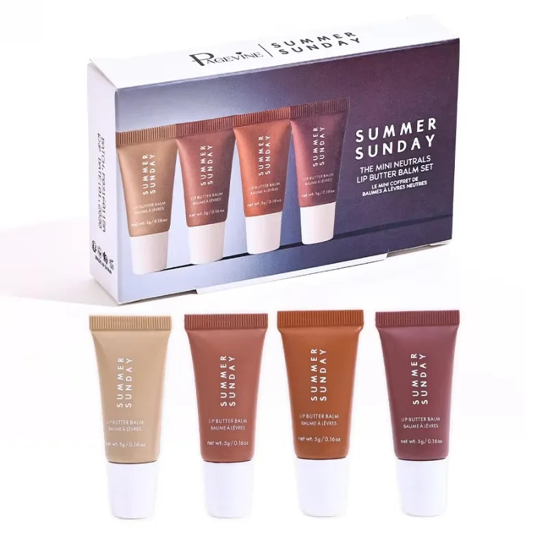 Coffret de 4 gloss à lèvres teintés aux nuances estivales, texture onctueuse et brillante.