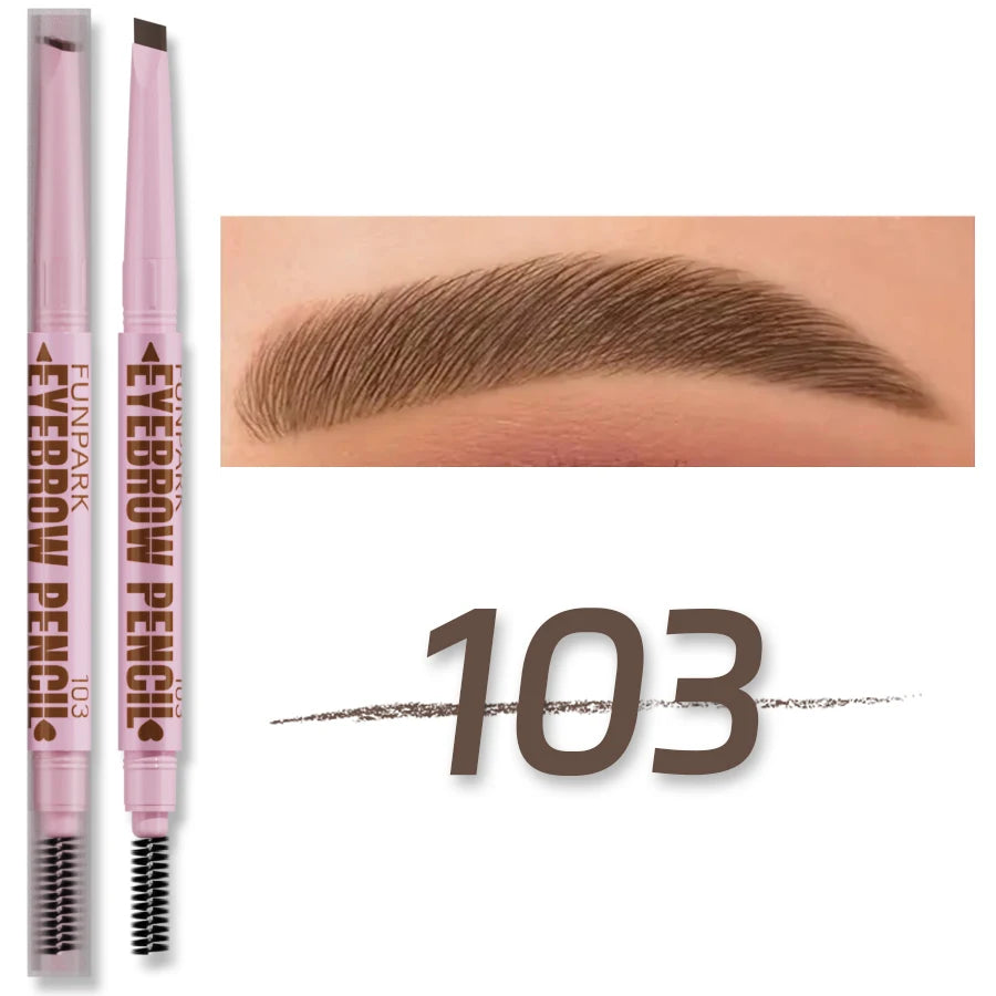 Crayon à sourcils double embout avec mine biseautée et brosse goupillon pour un tracé naturel.
