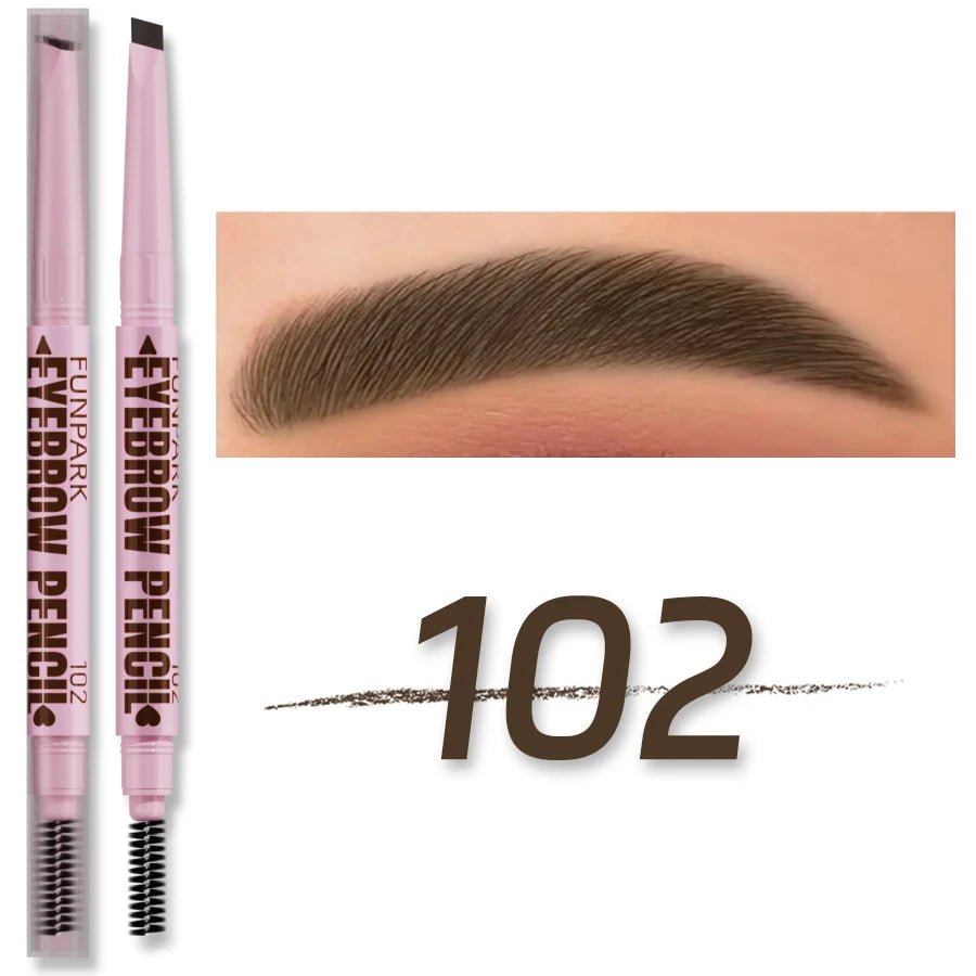 Crayon à sourcils double embout avec mine biseautée et brosse goupillon pour un tracé naturel.
