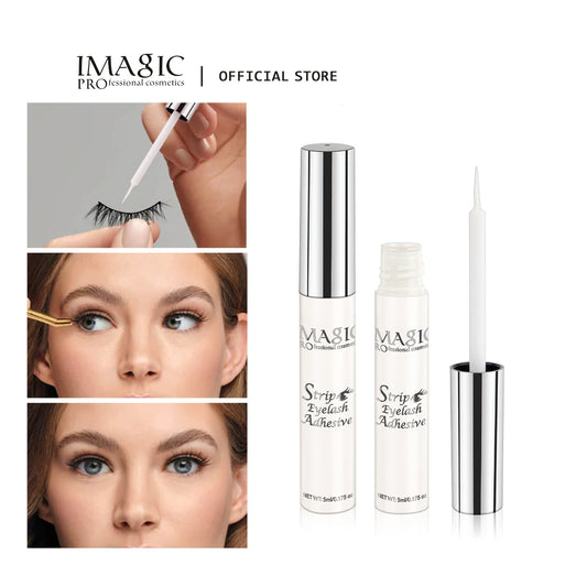 Flacon de colle IMAGIC 5ml avec applicateur, texture liquide transparente pour extensions de cils.
