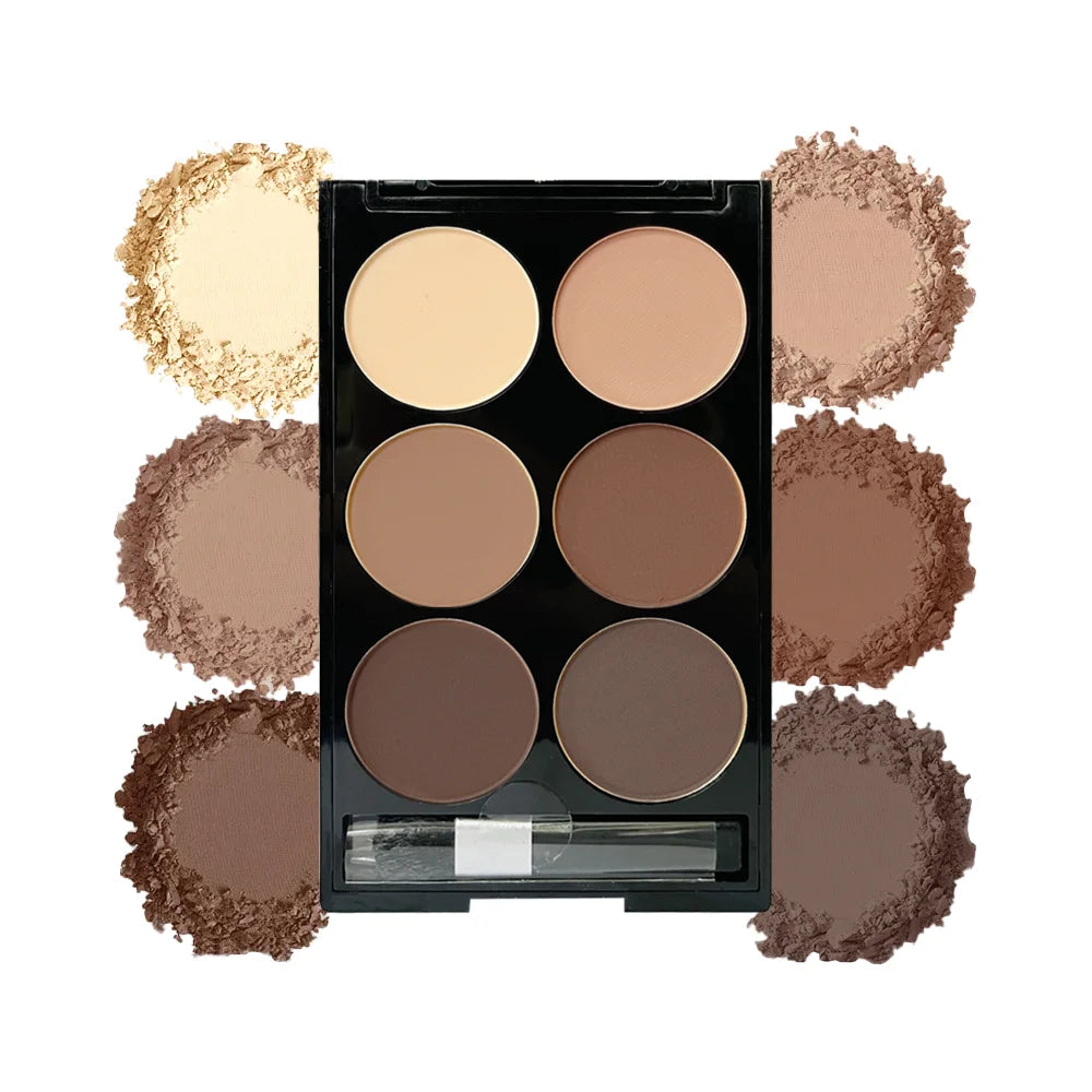 Palette de maquillage 6 poudres (bronzer, contour, illuminateur) avec son pinceau applicateur biseauté.
