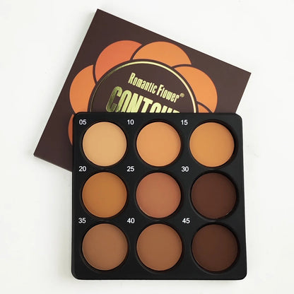 Palette de maquillage 9 teintes allant du beige clair au bronze foncé, textures mates et nacrées pour le contouring du visage.