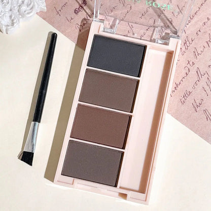 Palette de 4 poudres à sourcils mates (dégradés de gris et marron) avec ses pinceaux applicateurs intégrés.
