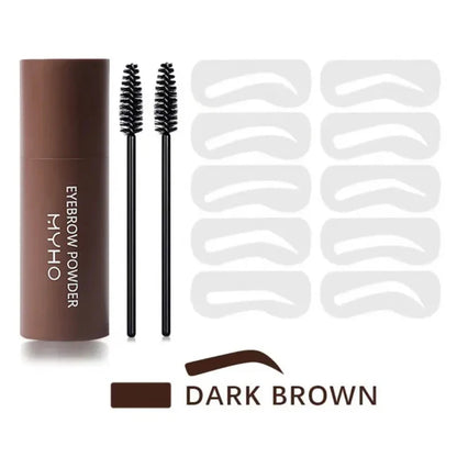 Kit complet incluant un tampon applicateur de poudre, des pochoirs de différentes formes et un goupillon pour sourcils.
