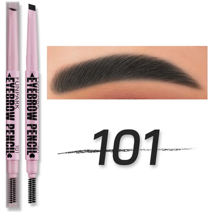 Crayon à sourcils double embout avec mine biseautée et brosse goupillon pour un tracé naturel.
