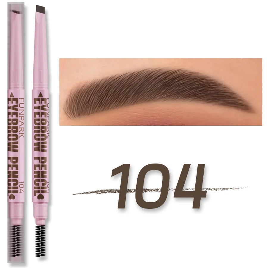 Crayon à sourcils double embout avec mine biseautée et brosse goupillon pour un tracé naturel.
