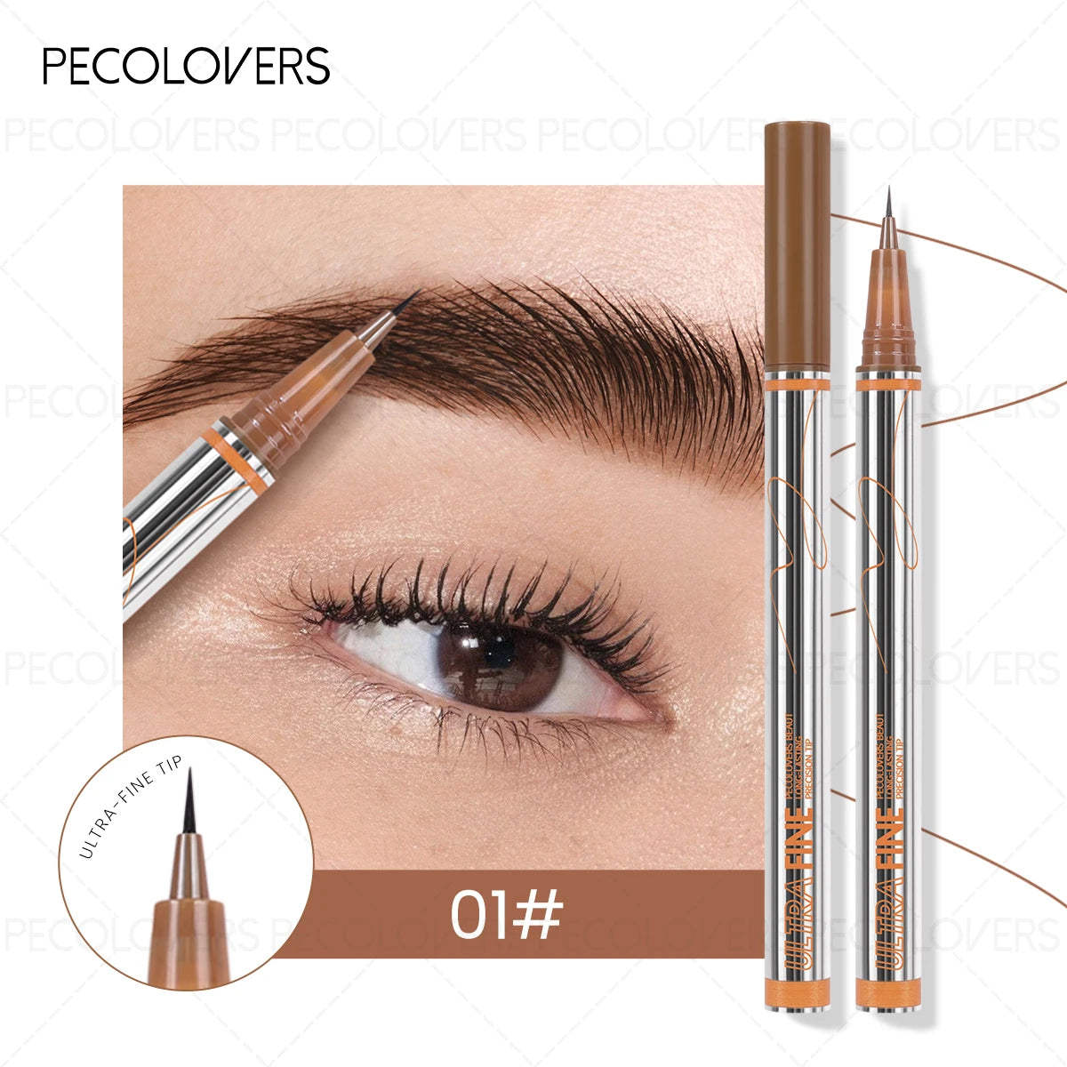Application du stylo sourcils 4 pointes biseauté créant des traits fins imitant les poils naturels du sourcil.
