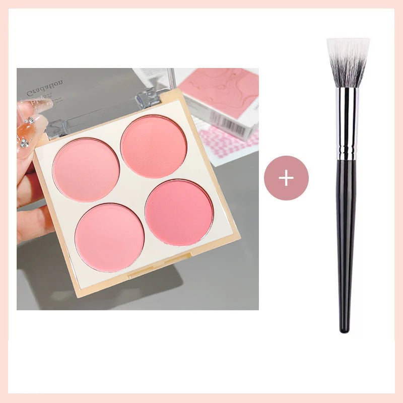 Palette de 4 blushs mats aux tons pêche et corail, fini poudré doux pour un maquillage naturel.
