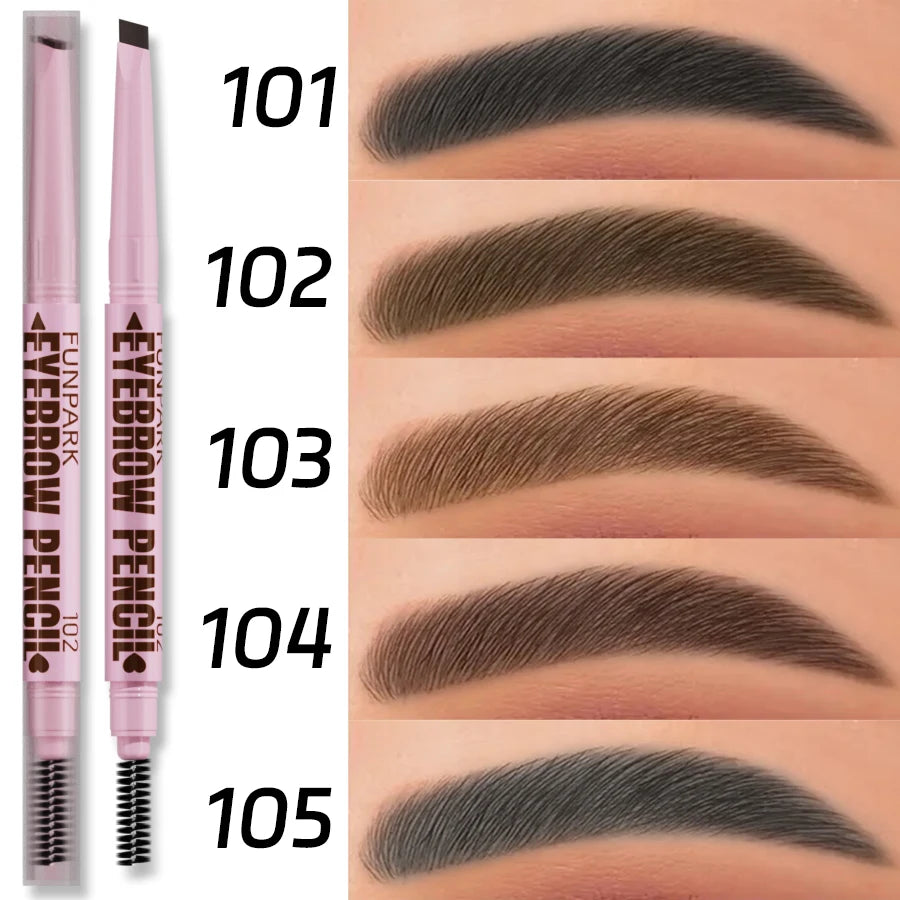 Crayon à sourcils double embout avec mine biseautée et brosse goupillon pour un tracé naturel.
