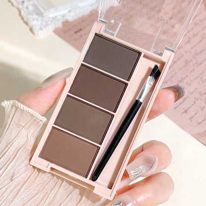 Palette de 4 poudres à sourcils mates (dégradés de gris et marron) avec ses pinceaux applicateurs intégrés.